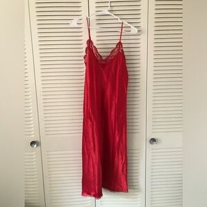 Vintage Victoria’s Secret Gold Label Red Satin Slip with Lace Trim